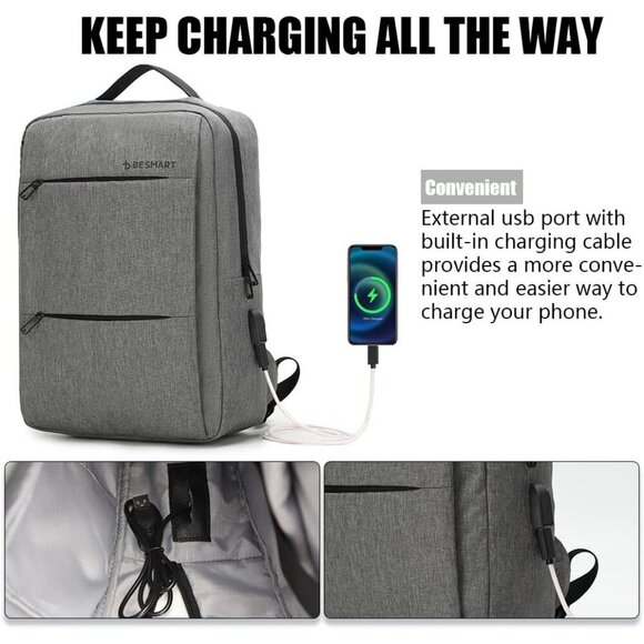 🆕 Besmart Laptop Computer Bag Men Black Slim USB Charging Port Travel Backpack - Picture 4 of 9